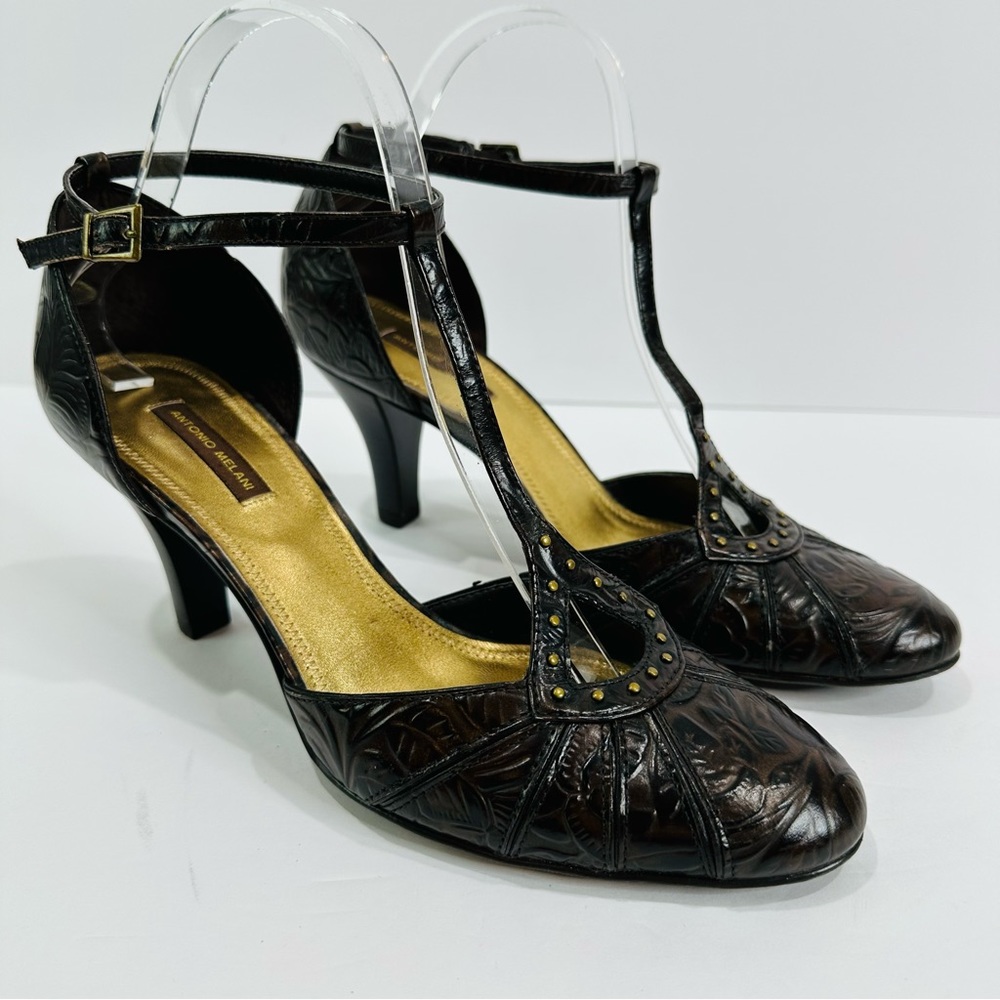 ANTONIO MELANI BROWN LEATHER EMBOSSED SIZE 8.5 GREAT COND 3” STRAPPY HEELS - Picture 5 of 9